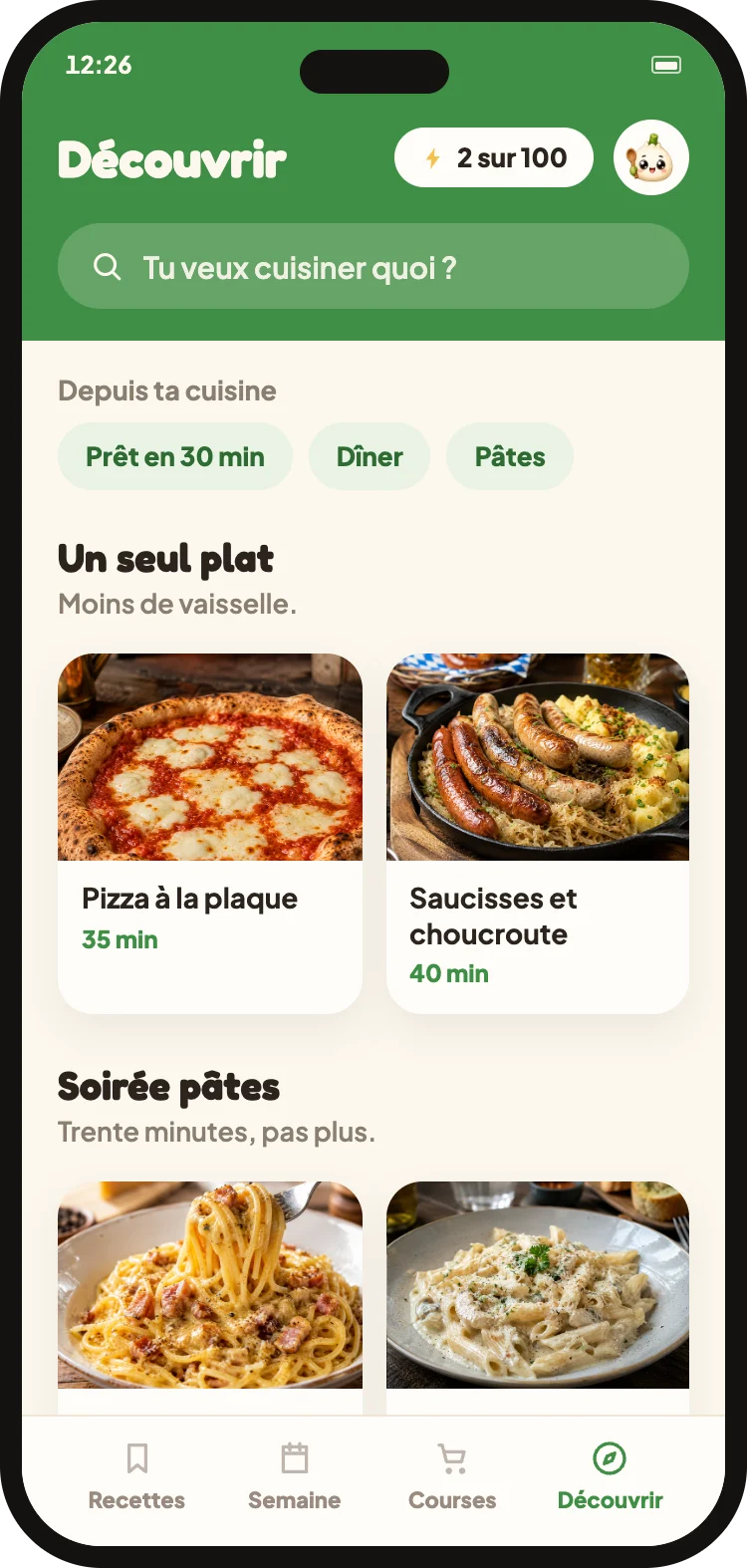 La section Découvrir avec de nouvelles recettes
