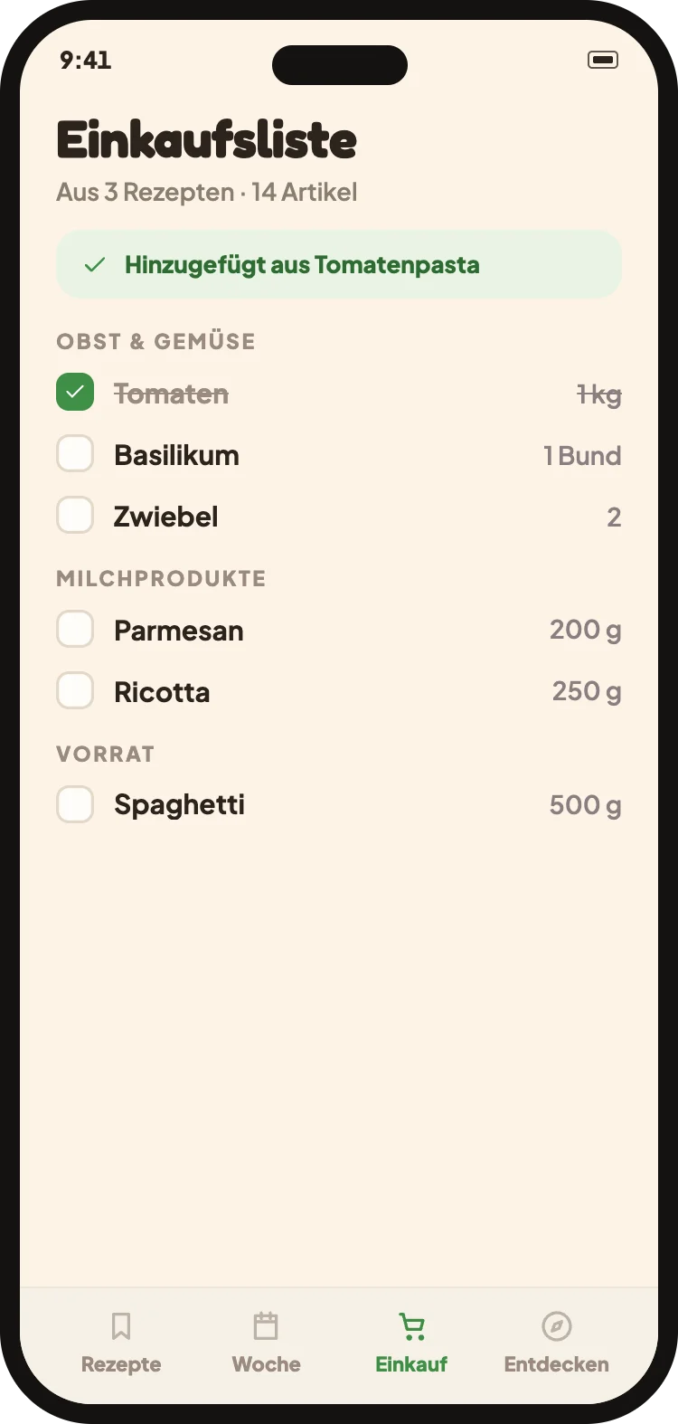 Die zusammengefuehrte Einkaufsliste