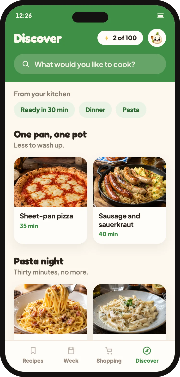 The Discover tab with new recipes