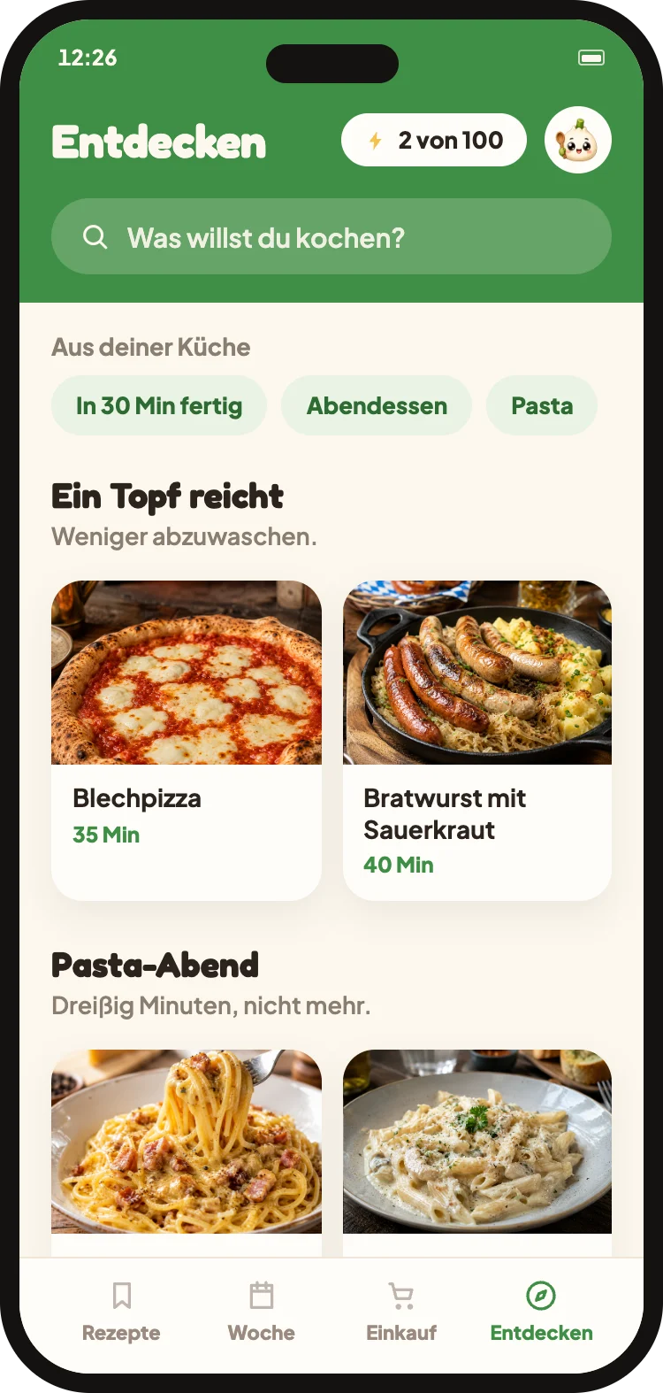 Der Entdecken-Bereich mit neuen Rezepten