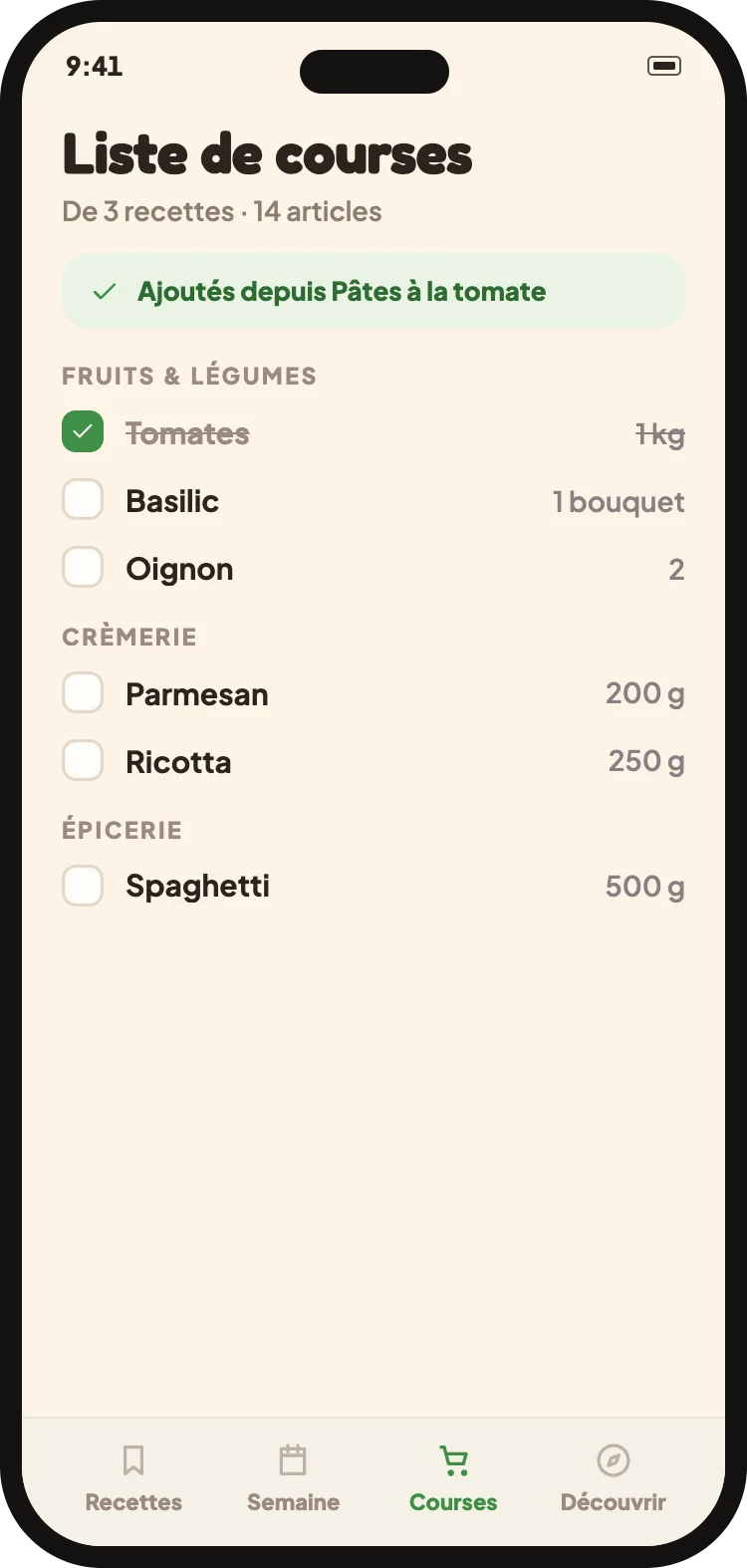 La liste de courses fusionnee