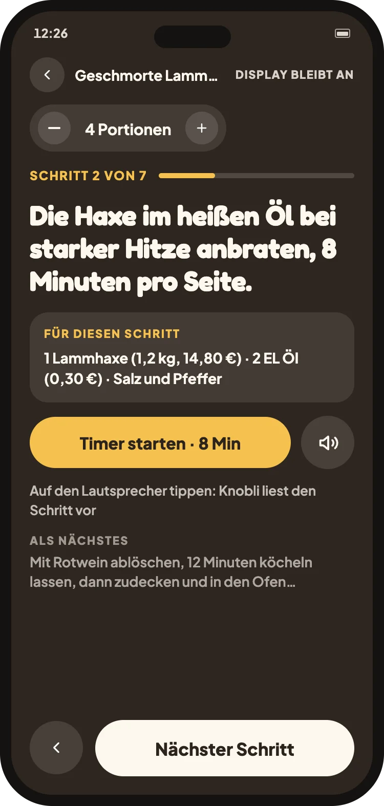 Kochmodus, ein Schritt pro Bildschirm